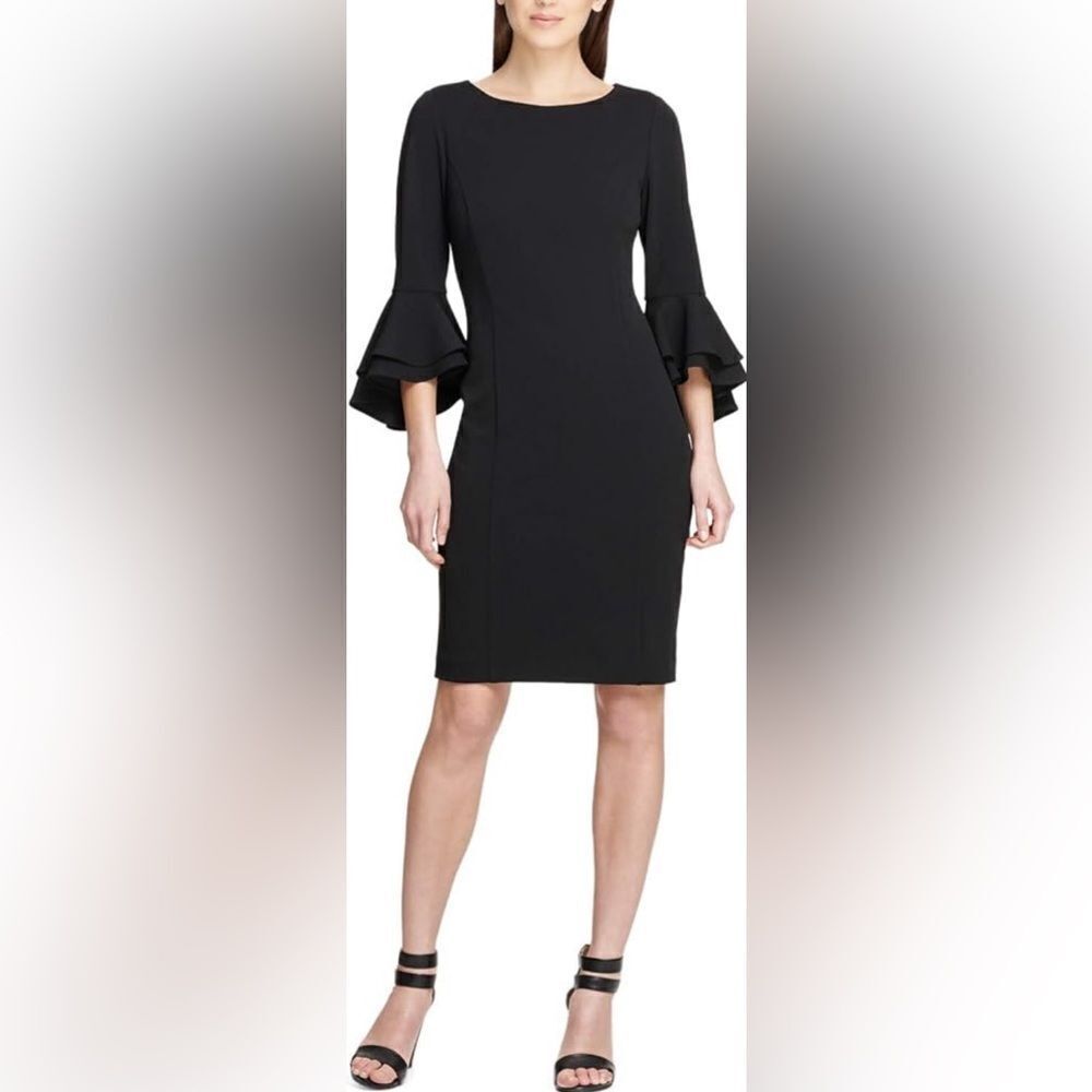 DKNY Black Flounce Sleeve Black Bell Sleeve Fitted Dress S